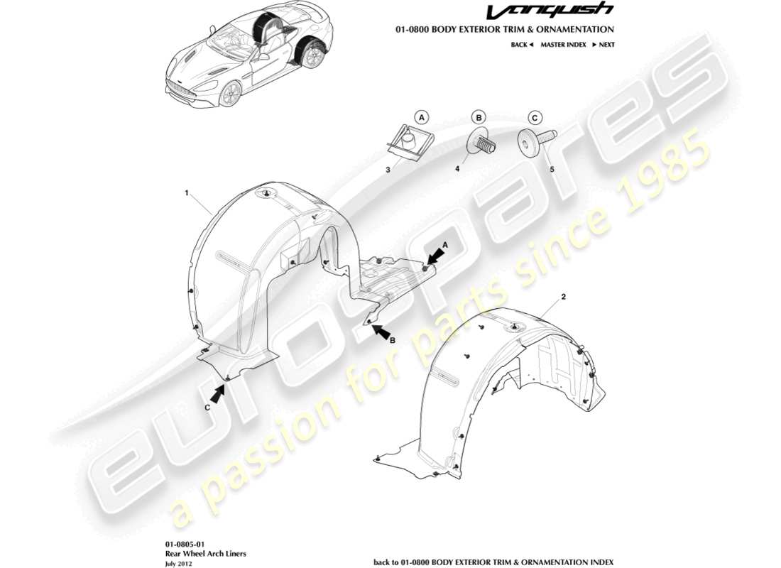 aston martin vanquish (2016) rivestimenti del passaruota posteriore diagramma delle parti