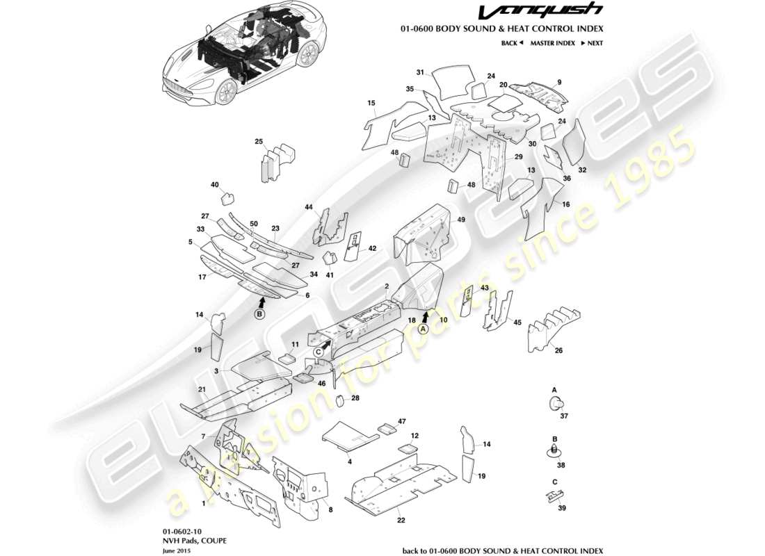 aston martin vanquish (2016) isolamento acustico, coupé diagramma delle parti