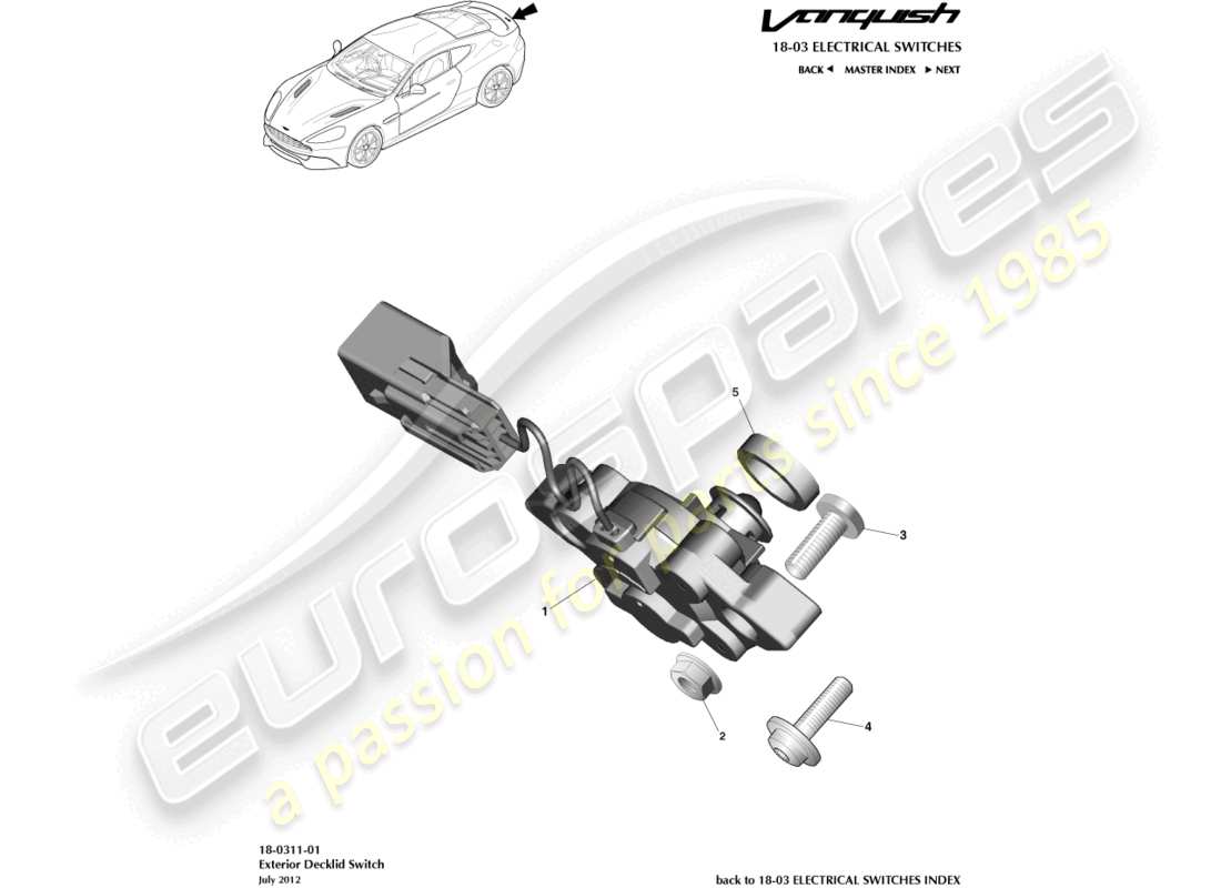 aston martin vanquish (2017) diagramma delle parti dell'interruttore decklid esterno