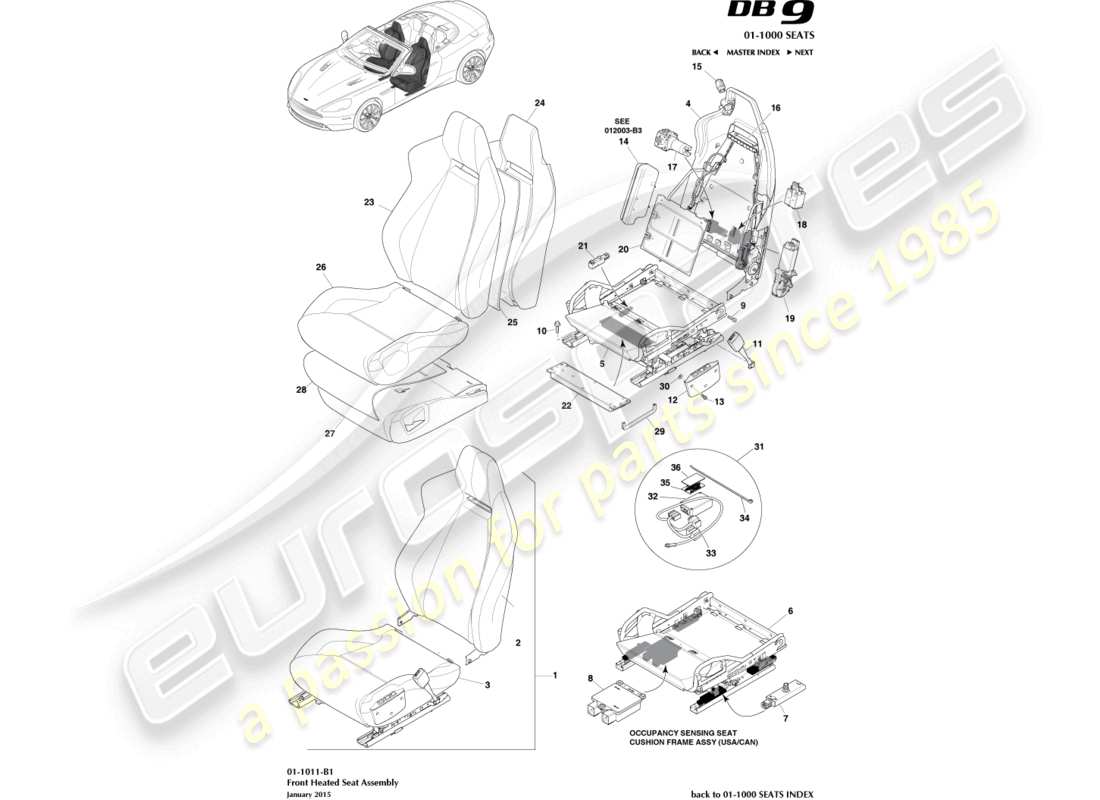 aston martin db9 (2016) diagramma delle parti dei sedili anteriori riscaldati