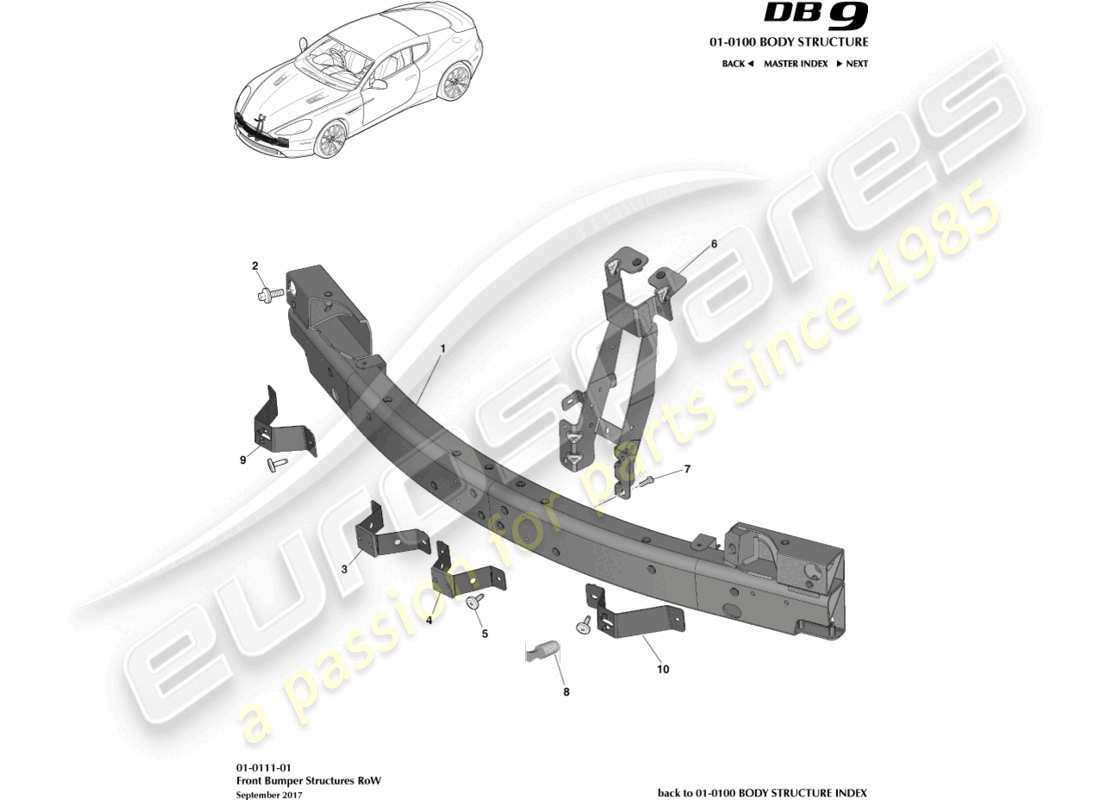 aston martin db9 (2013) struttura del paraurti anteriore, fila diagramma delle parti