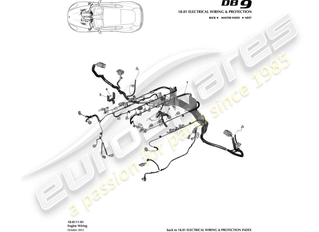aston martin db9 (2016) diagramma delle parti del cablaggio del motore