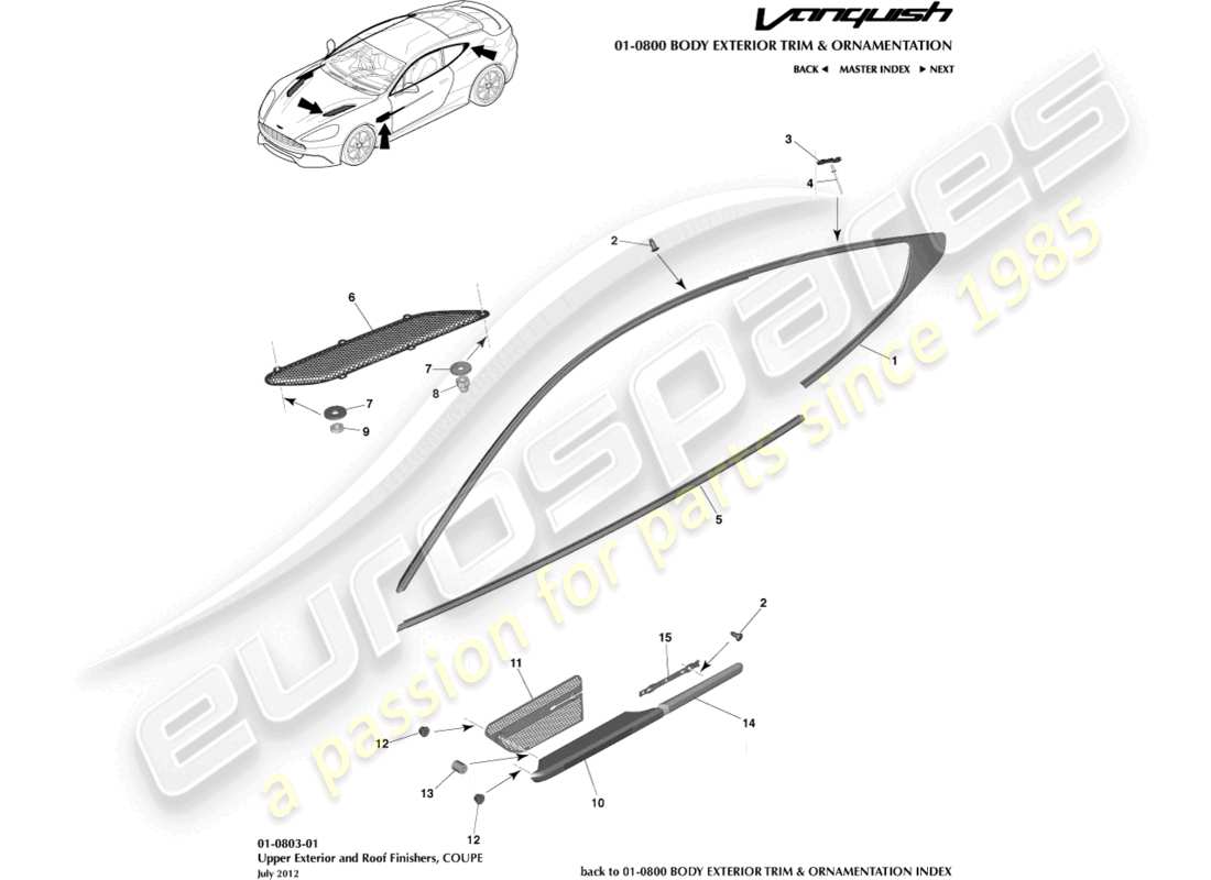 aston martin vanquish (2016) finiture esterne superiori, coupé diagramma delle parti
