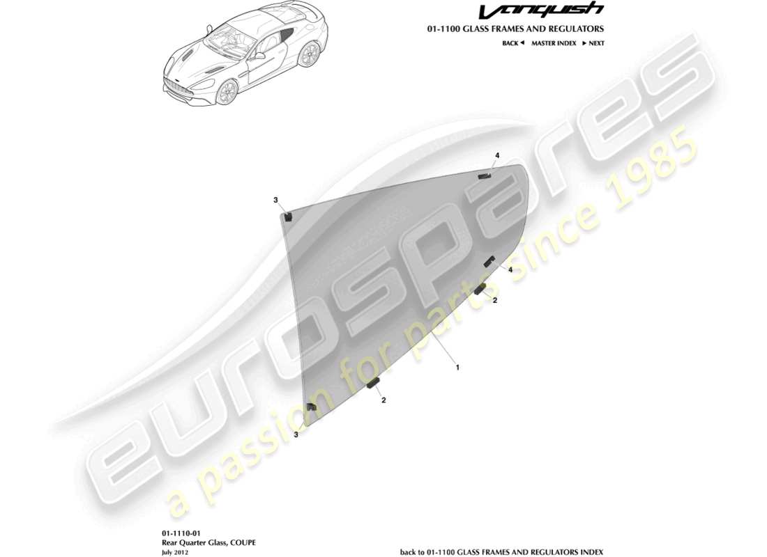 aston martin vanquish (2017) vetro del quarto posteriore, diagramma delle parti della coupé