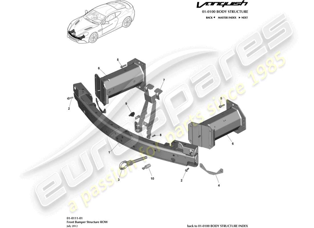 aston martin vanquish (2017) struttura del paraurti anteriore, diagramma delle parti della riga