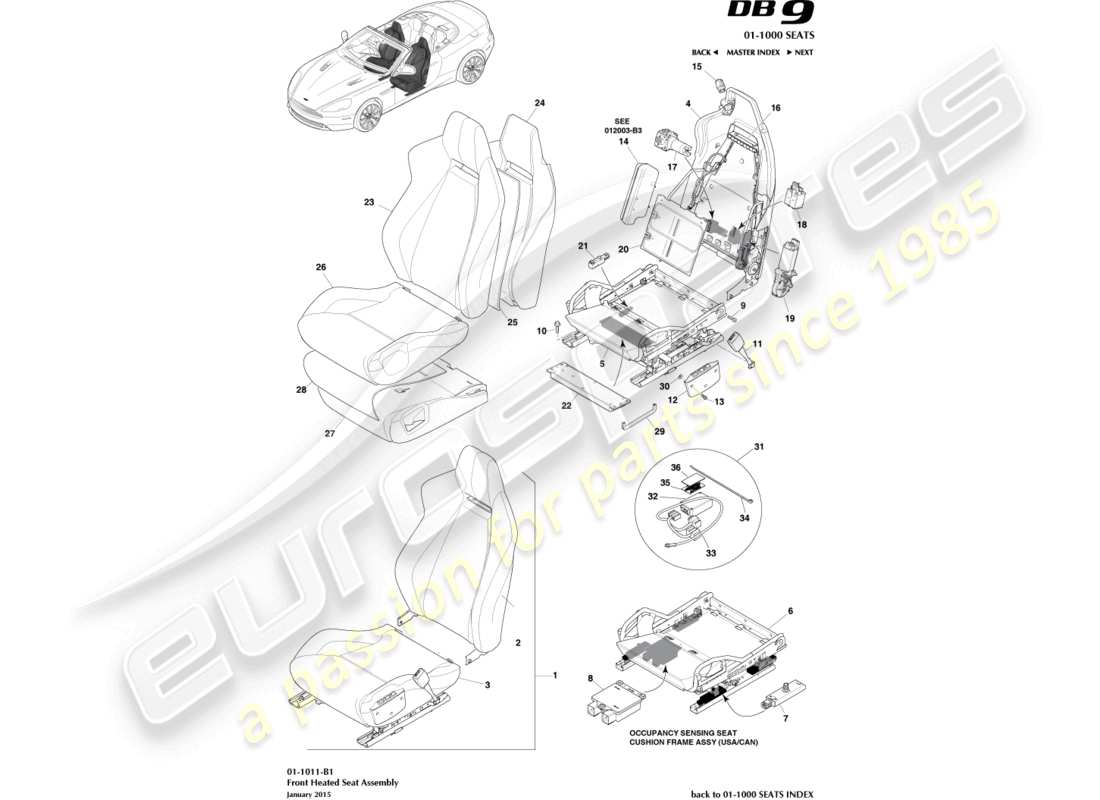 aston martin db9 (2014) diagramma delle parti dei sedili anteriori riscaldati