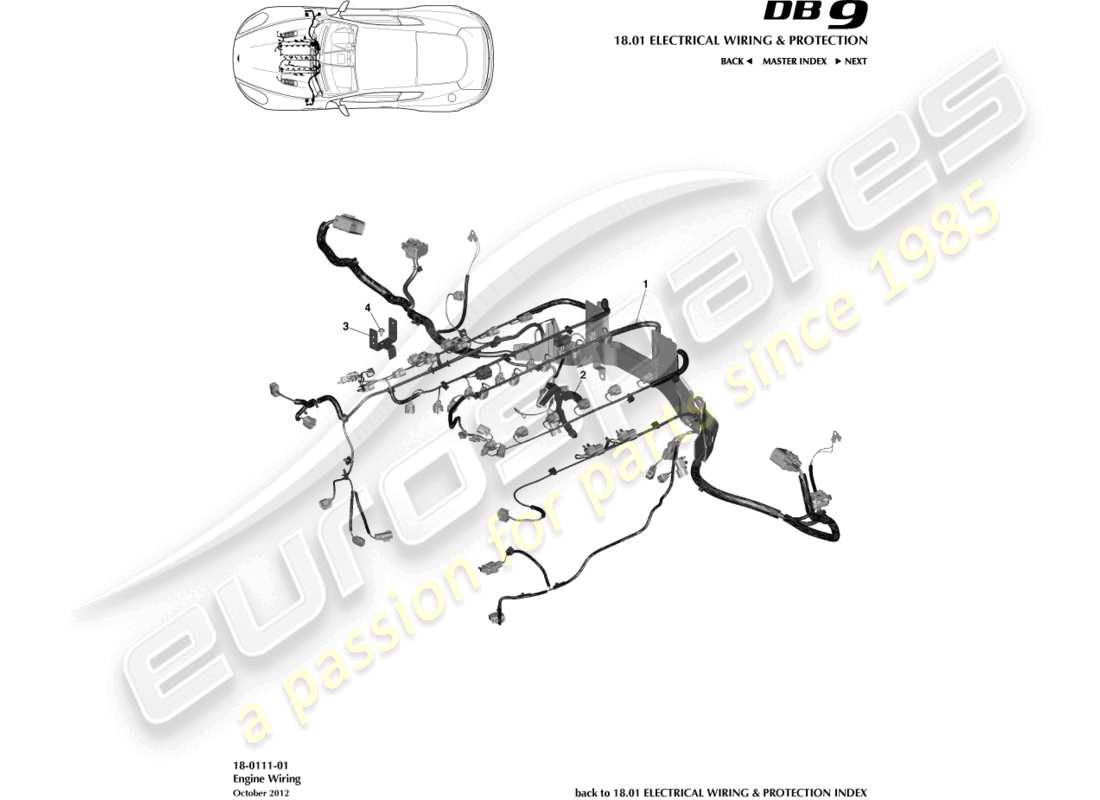 aston martin db9 (2014) diagramma delle parti del cablaggio del motore