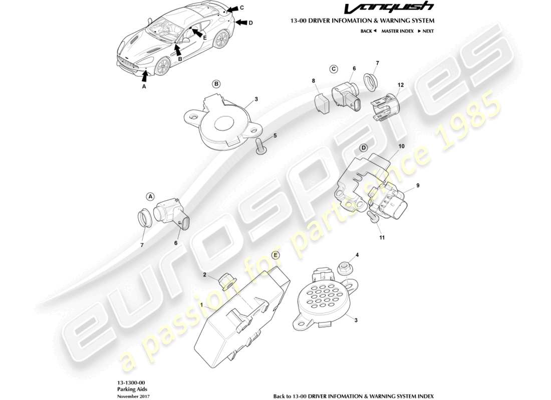 aston martin vanquish (2016) aiuto al parcheggio diagramma delle parti