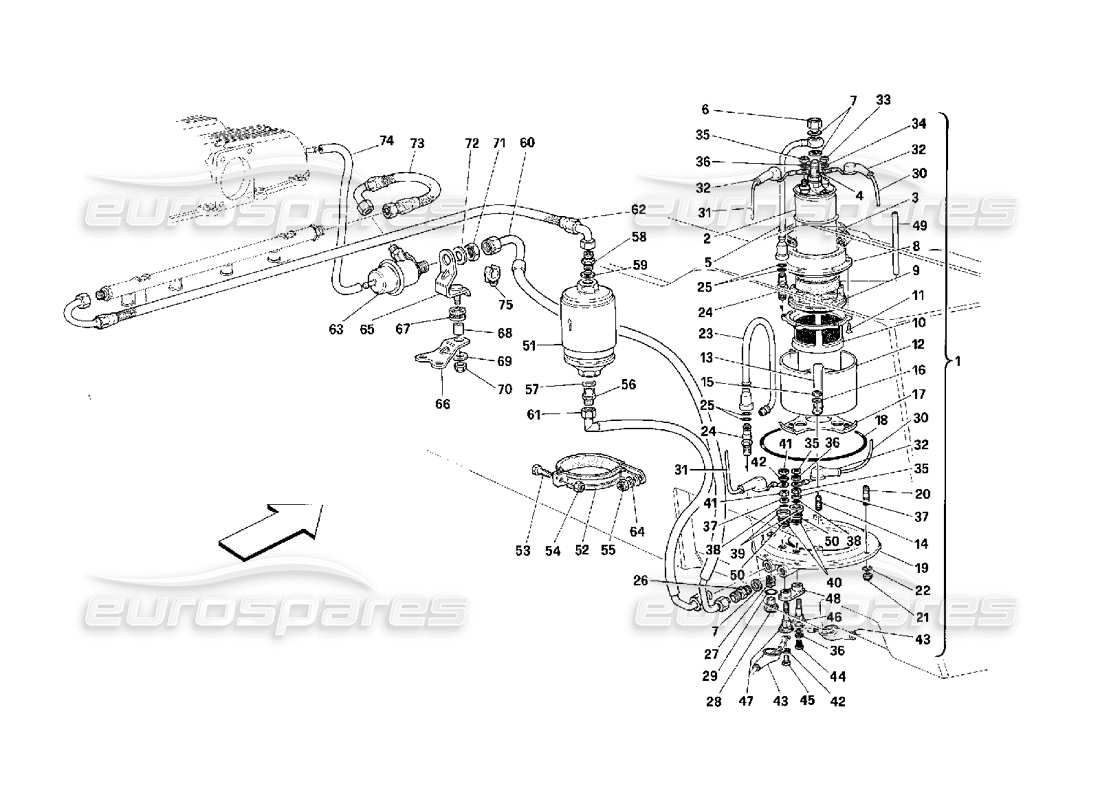 ferrari 348 (2.7 motronic) diagramma delle parti della pompa del carburante e dei tubi