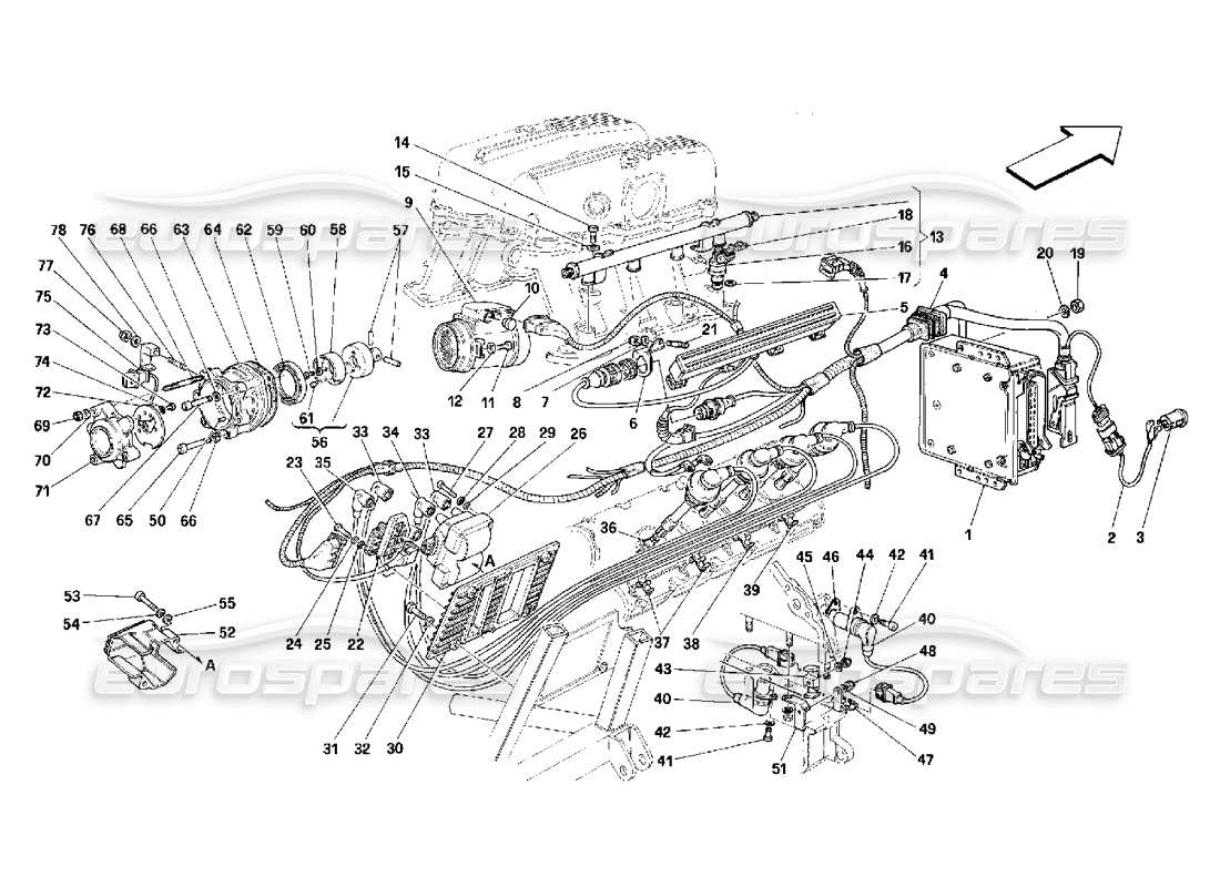 ferrari 348 (2.7 motronic) iniezione d'aria - schema delle parti di accensione