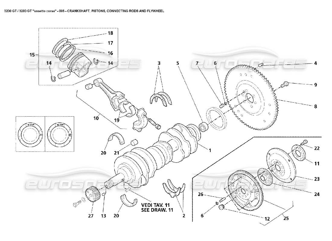 MASERATI 3200 GT/GTA/ASSETTO CORSA SCHEMA DELLE PARTI DEL VOLANO, DELLE BIELLE, DEI PISTONI DELLA MANOVELLA maserati 3200 gt/gta/assetto corsa schema delle parti del volano, delle bielle, dei pistoni della manovella