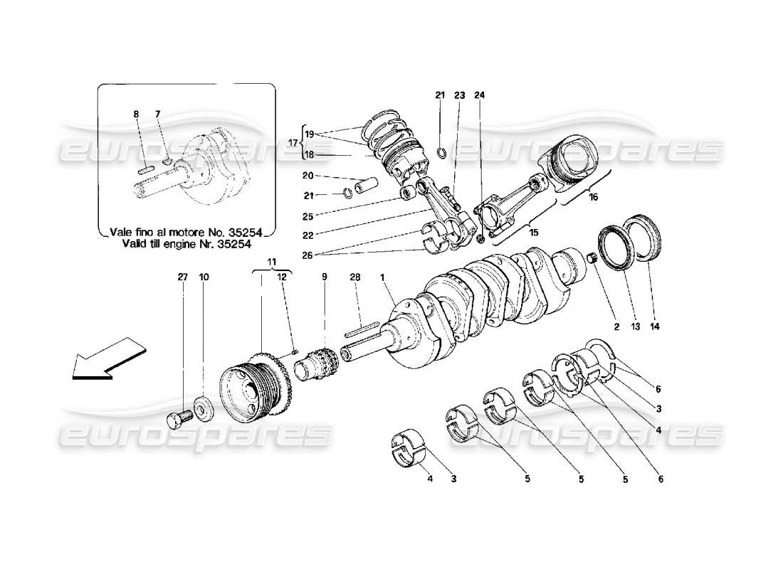 ferrari 348 (2.7 motronic) schema delle parti di albero motore, bielle e pistoni