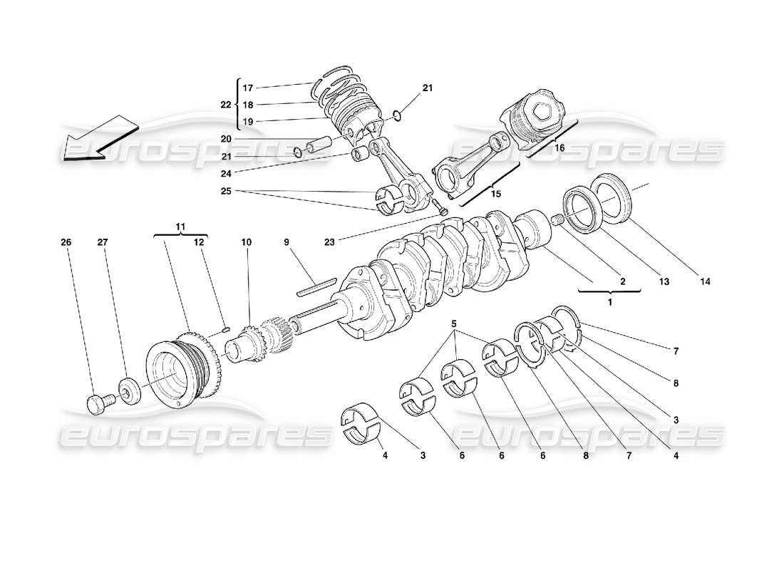 ferrari 355 (2.7 motronic) schema delle parti di albero motore, bielle e pistoni