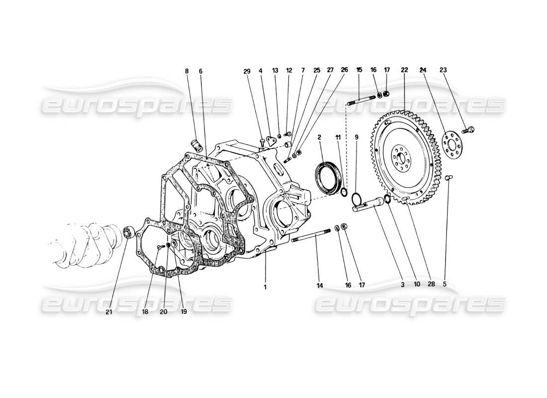 ferrari 328 (1985) schema delle parti del distanziale dell'alloggiamento della frizione e del volano