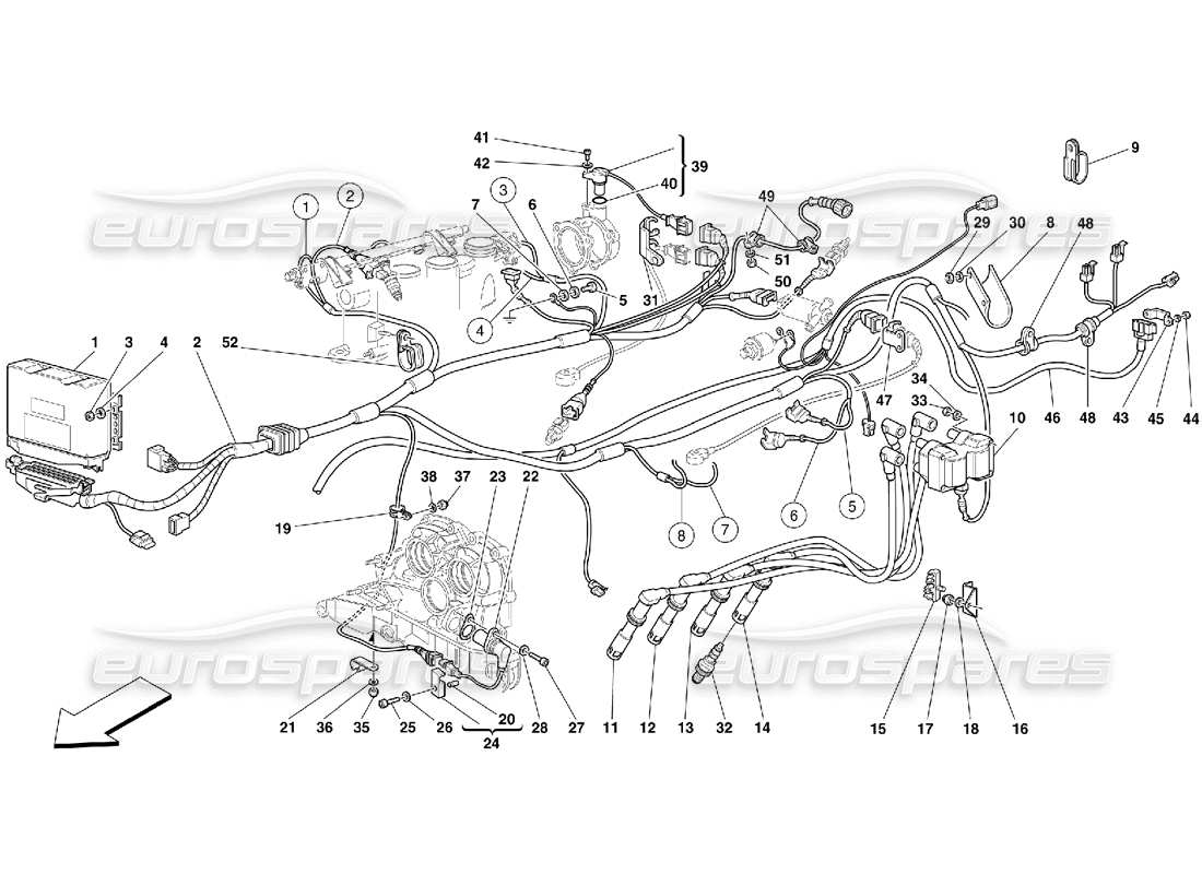 ferrari 355 (5.2 motronic) dispositivo di iniezione - schema delle parti di accensione