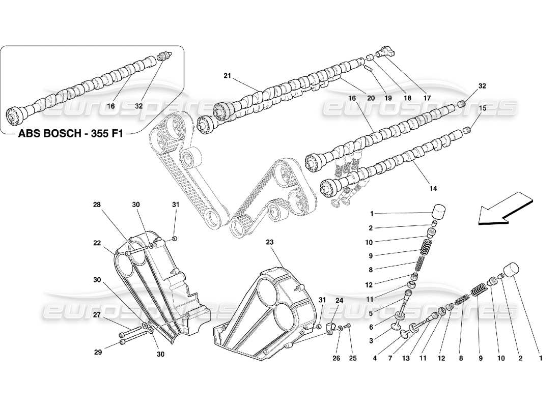 ferrari 355 (5.2 motronic) tempistica: diagramma delle parti di punterie e scudi