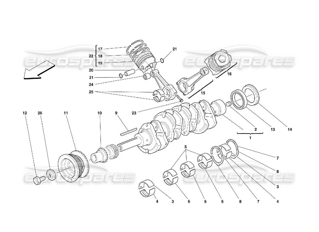 ferrari 355 (5.2 motronic) schema delle parti di albero motore, bielle e pistoni