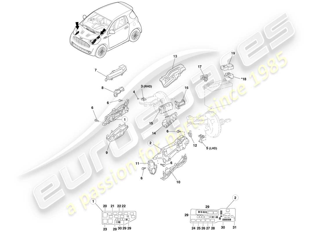 aston martin cygnet (2012) interruttori e relè diagramma delle parti