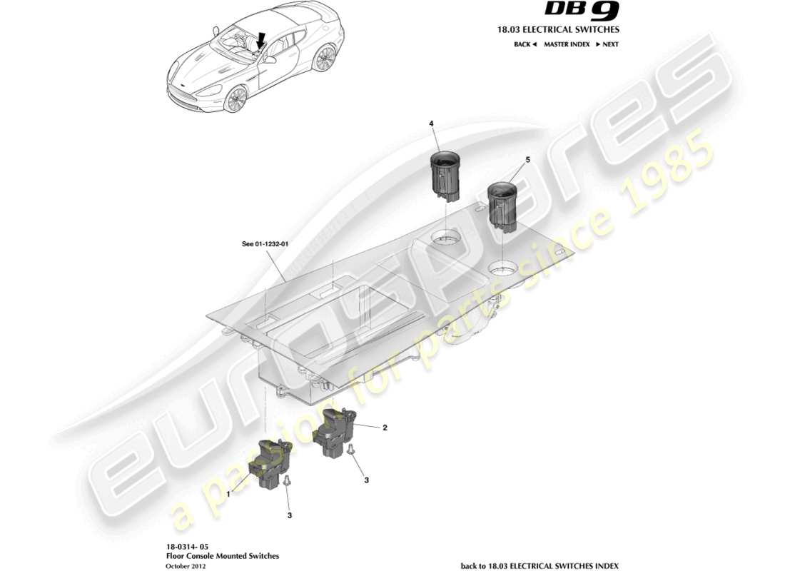 aston martin db9 (2014) diagramma delle parti degli interruttori della console da pavimento