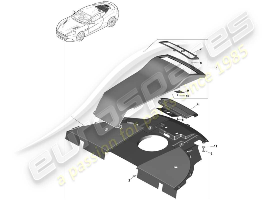 aston martin vanquish (2014) pannello di rivestimento del ripiano portaoggetti, diagramma delle parti del coupé 2+2