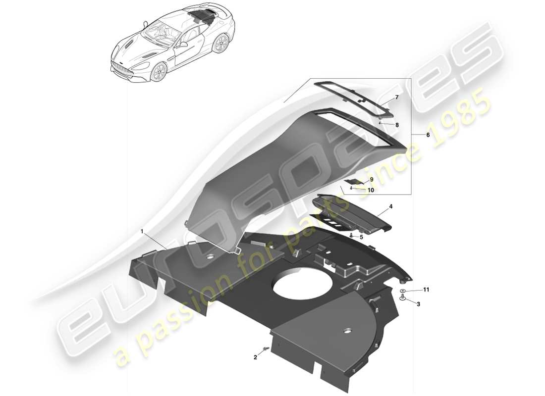 aston martin vanquish (2013) pannello di rivestimento del ripiano portaoggetti, diagramma delle parti del coupé 2+2