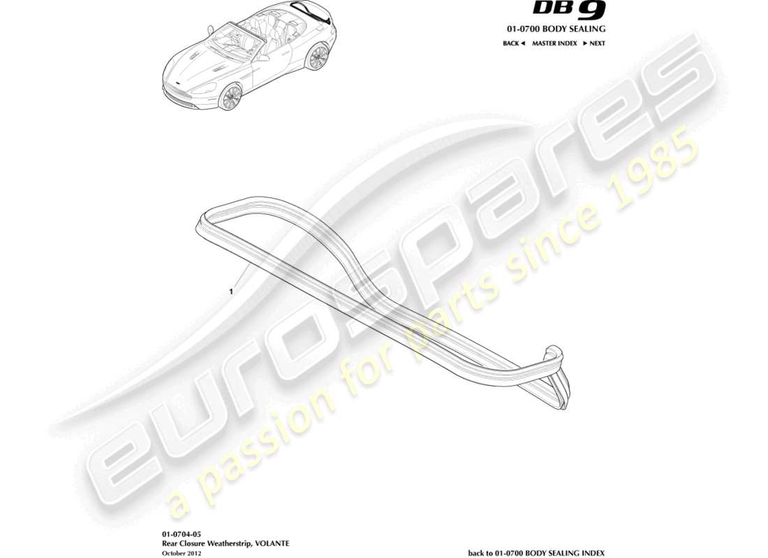 aston martin db9 (2014) guarnizione di chiusura posteriore, diagramma delle parti volante