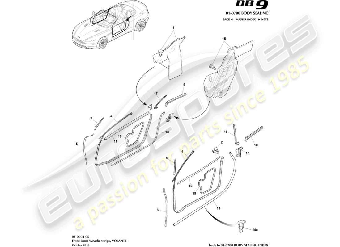 aston martin db9 (2016) guarnizioni per porte, diagramma delle parti volante