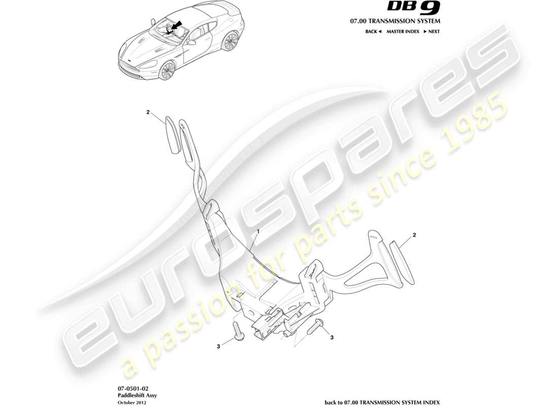 aston martin db9 (2016) diagramma delle parti del cambio al volante
