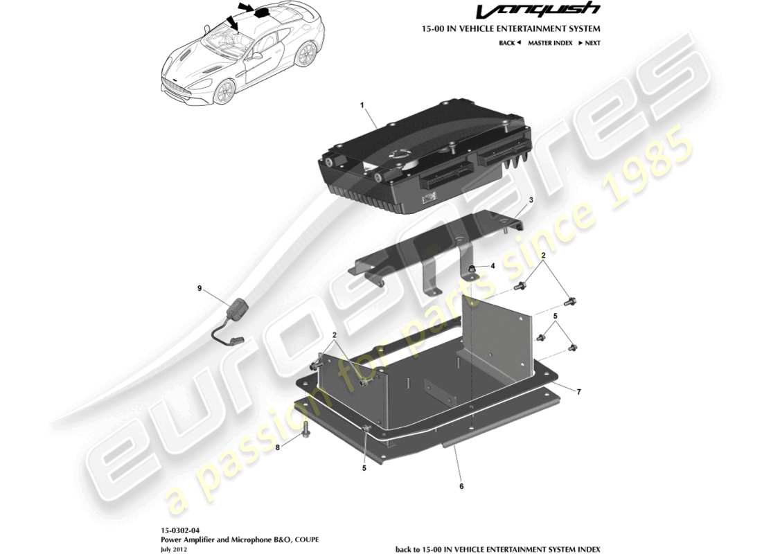 aston martin vanquish (2017) amplificatori, b&o, diagramma delle parti del coupé