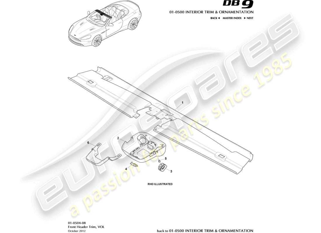 aston martin db9 (2014) rivestimento della testata anteriore, diagramma delle parti volante