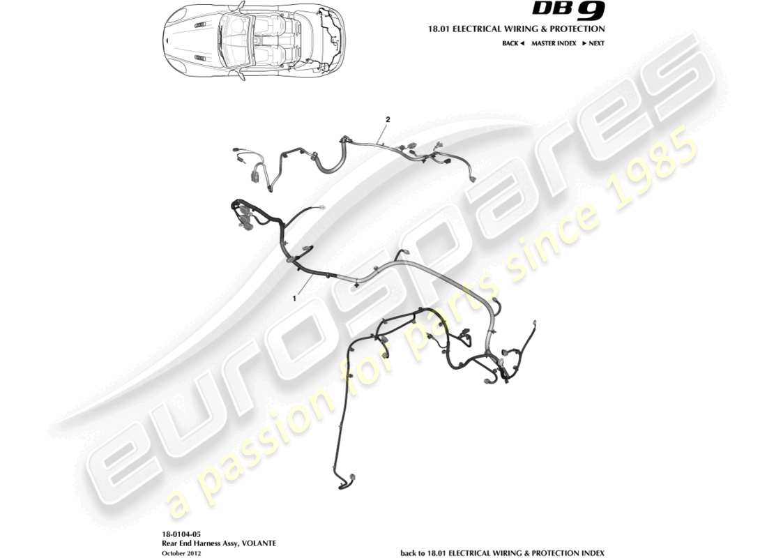 aston martin db9 (2014) cablaggio dell'estremità posteriore, diagramma delle parti del volante