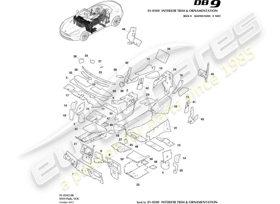 aston martin db9 (2016) pastiglie nvh, diagramma delle parti volante