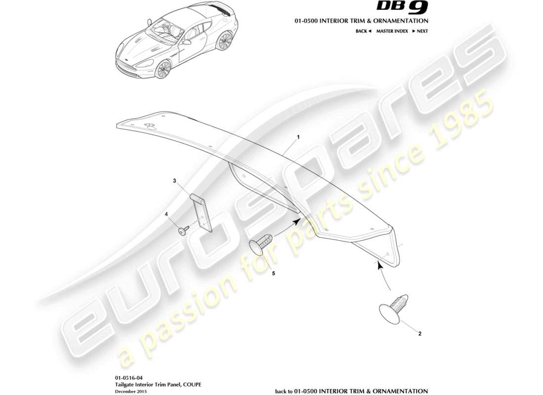 aston martin db9 (2014) pannello di rivestimento del portellone posteriore, diagramma delle parti della coupé