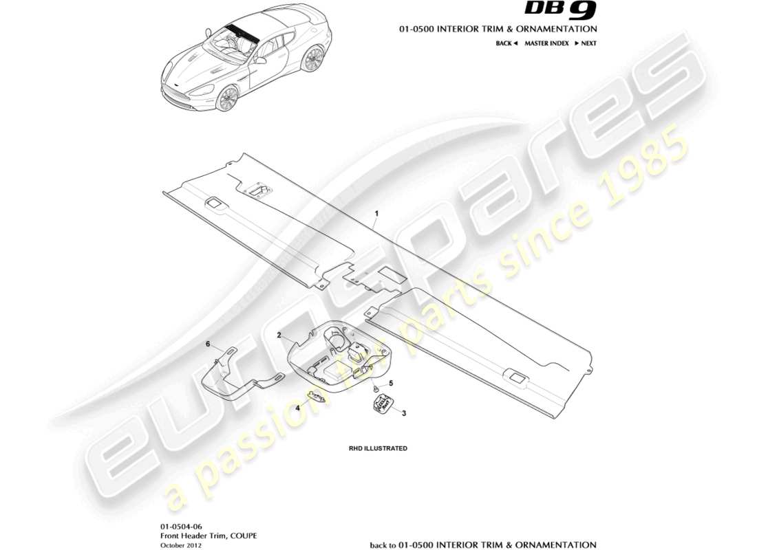 aston martin db9 (2014) rivestimento della testata anteriore, diagramma delle parti della coupé