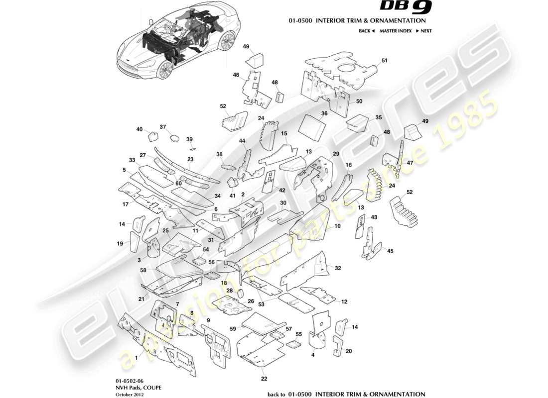 aston martin db9 (2016) pastiglie nvh, diagramma delle parti coupé