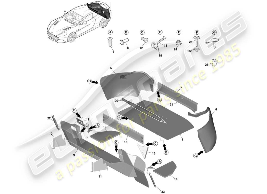 aston martin vanquish (2014) rivestimenti del vano di carico, diagramma delle parti della coupé