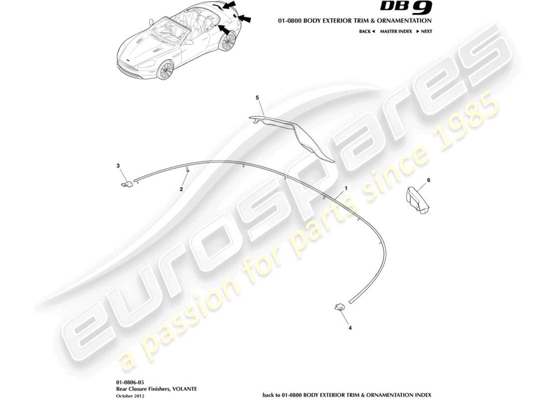 aston martin db9 (2016) finiture di chiusura posteriori, diagramma delle parti volante