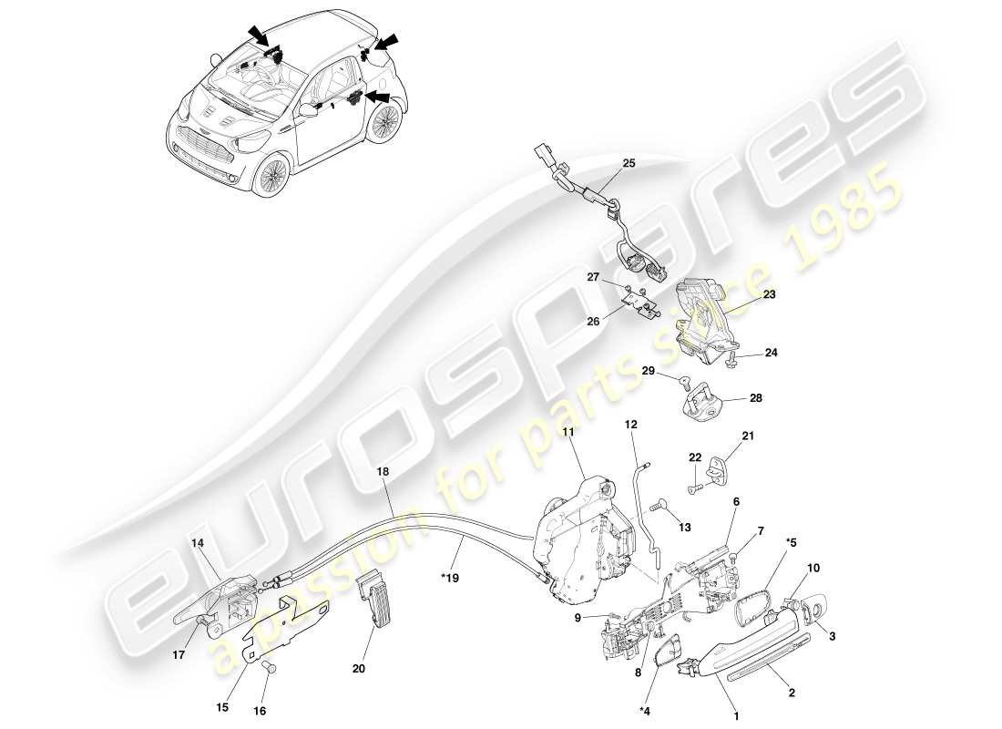 aston martin cygnet (2012) maniglia e azionamento diagramma delle parti