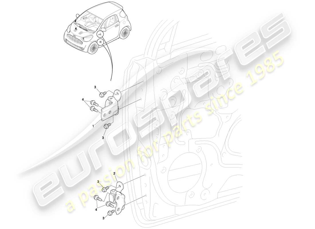 aston martin cygnet (2012) cerniere della porta anteriore diagramma delle parti