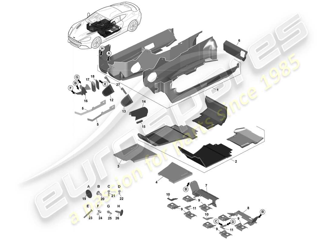 aston martin vanquish (2014) rivestimento del pavimento principale, guida a destra diagramma delle parti