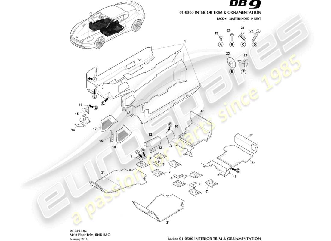 aston martin db9 (2016) rivestimenti del pavimento principale, guida a destra, diagramma delle parti b&o