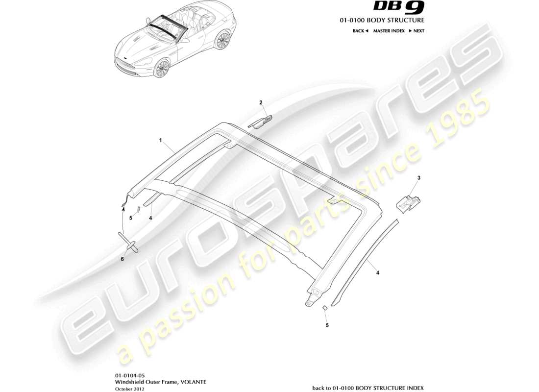 aston martin db9 (2014) telaio esterno del parabrezza, diagramma delle parti volante