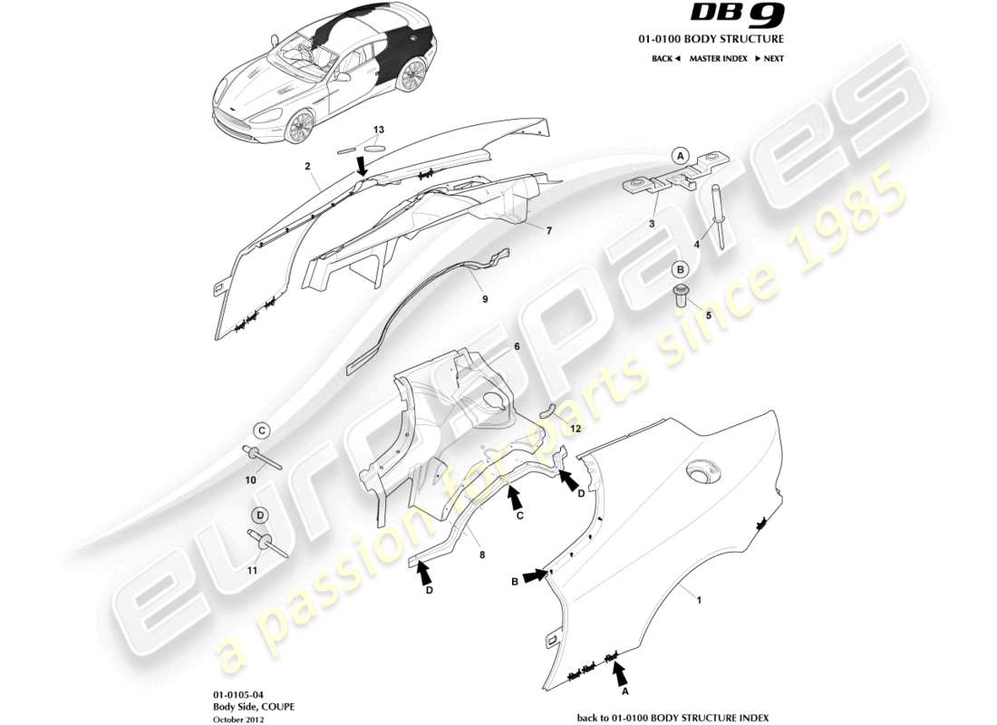 aston martin db9 (2014) lato del corpo, diagramma delle parti del coupé