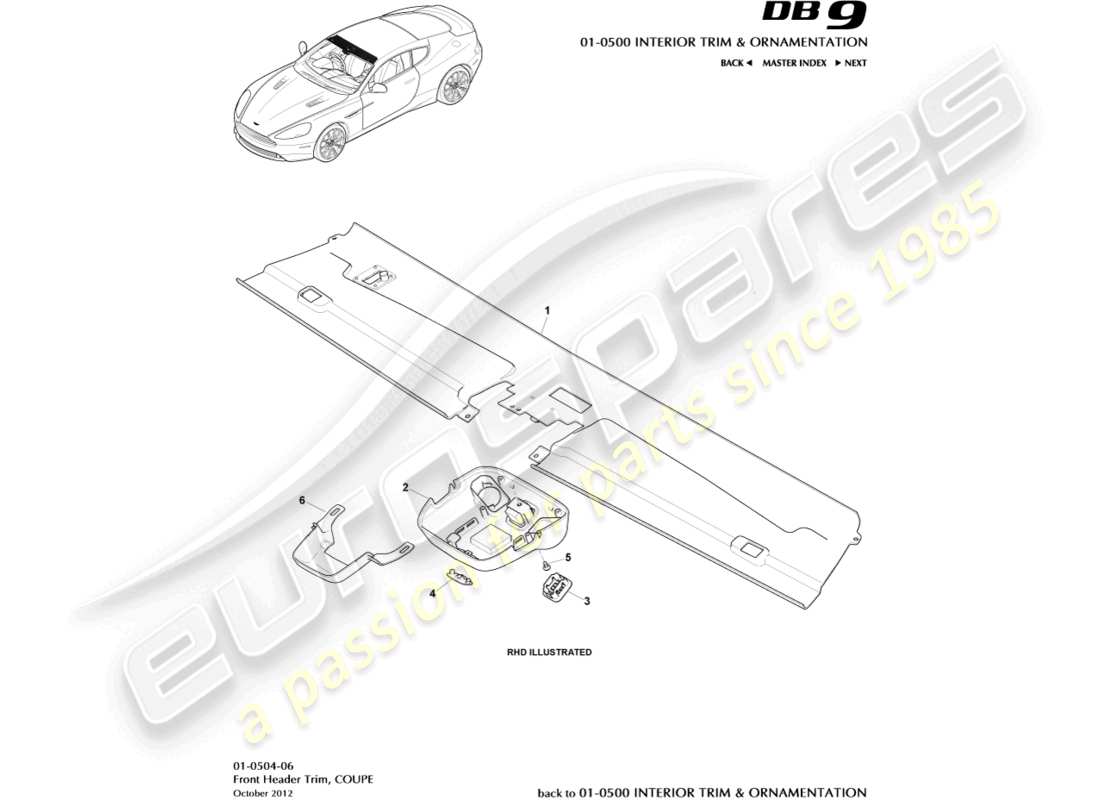 aston martin db9 (2013) rivestimento della testata anteriore, coupé diagramma delle parti