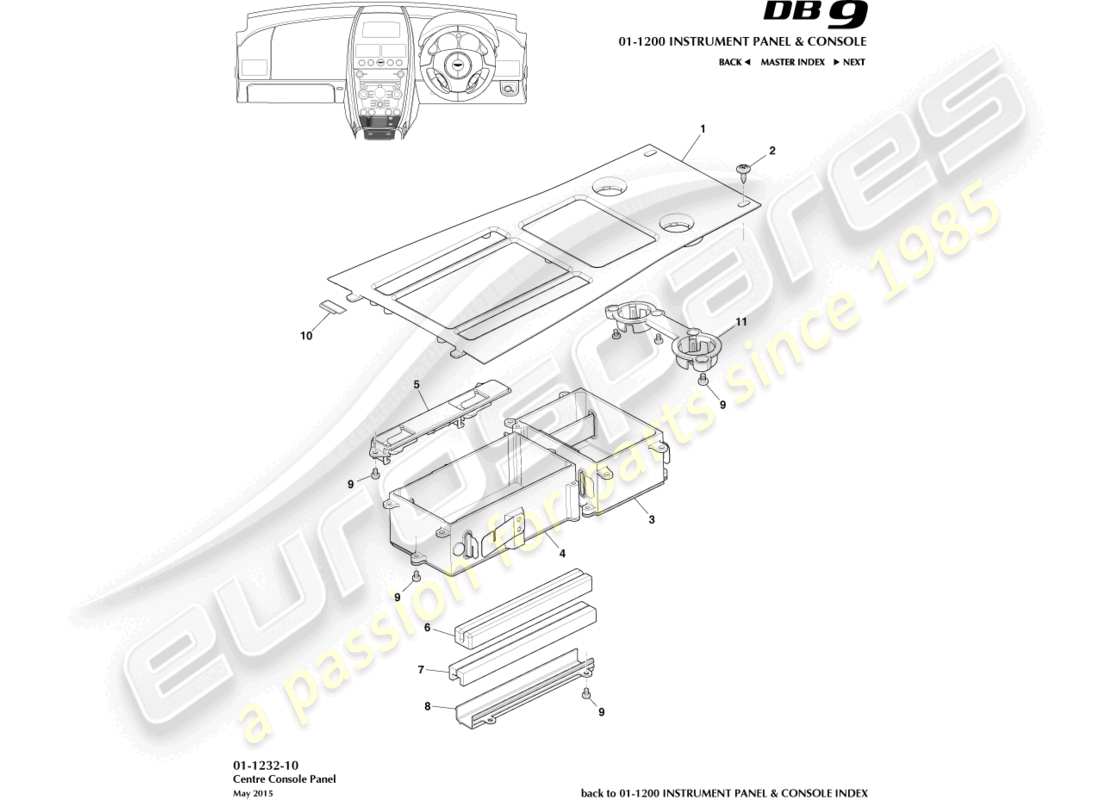 aston martin db9 (2014) diagramma delle parti del pannello della console centrale