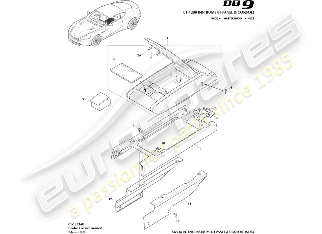 aston martin db9 (2014) diagramma delle parti del bracciolo della console centrale