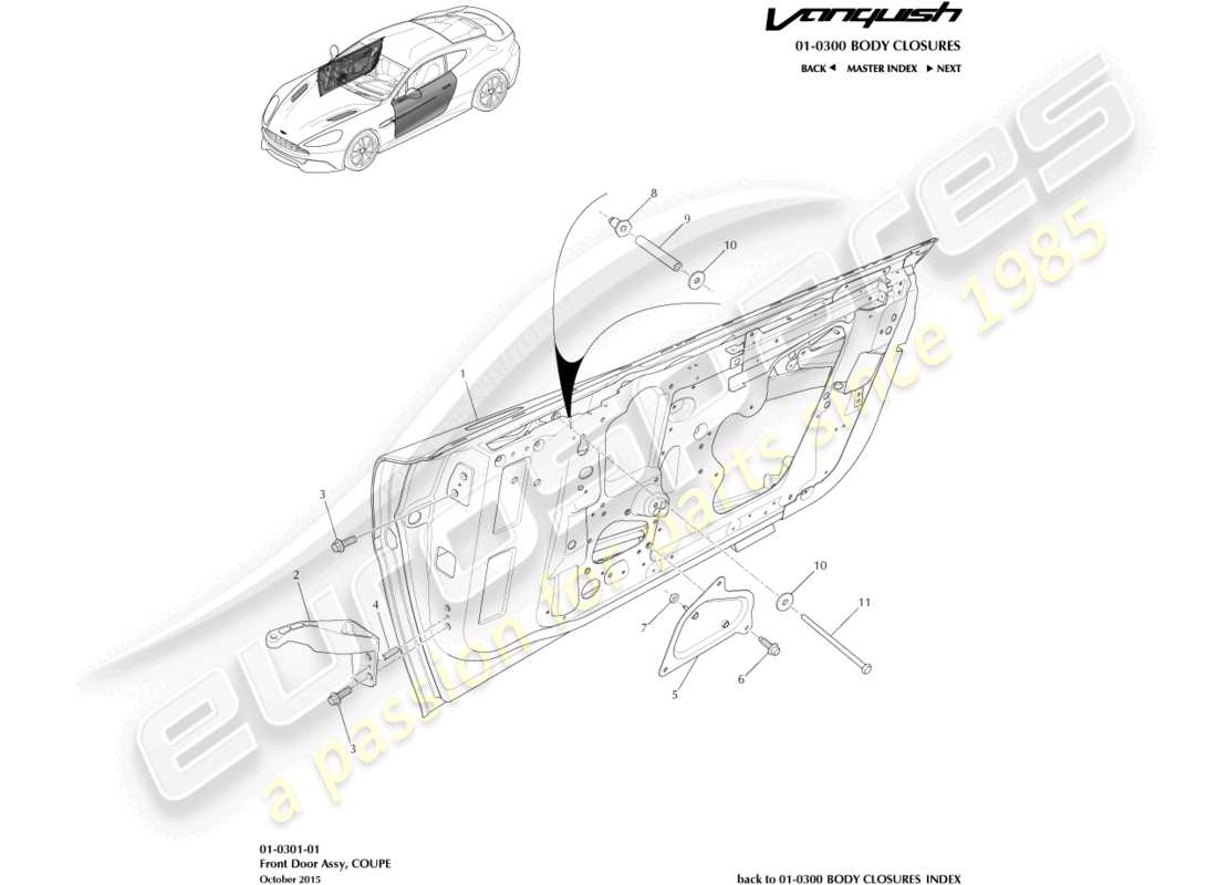 aston martin vanquish (2015) assemblaggio della porta anteriore diagramma delle parti