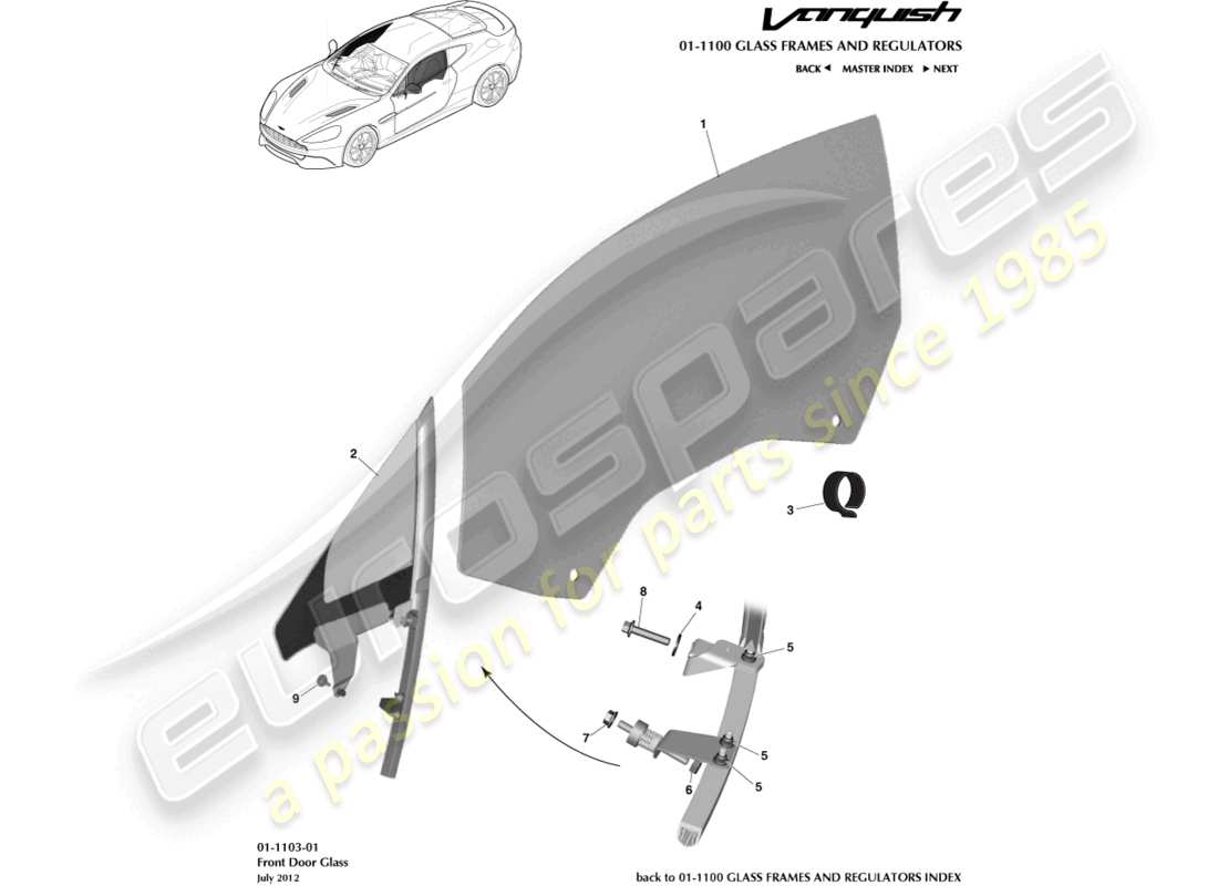 aston martin vanquish (2015) vetro della porta anteriore diagramma delle parti