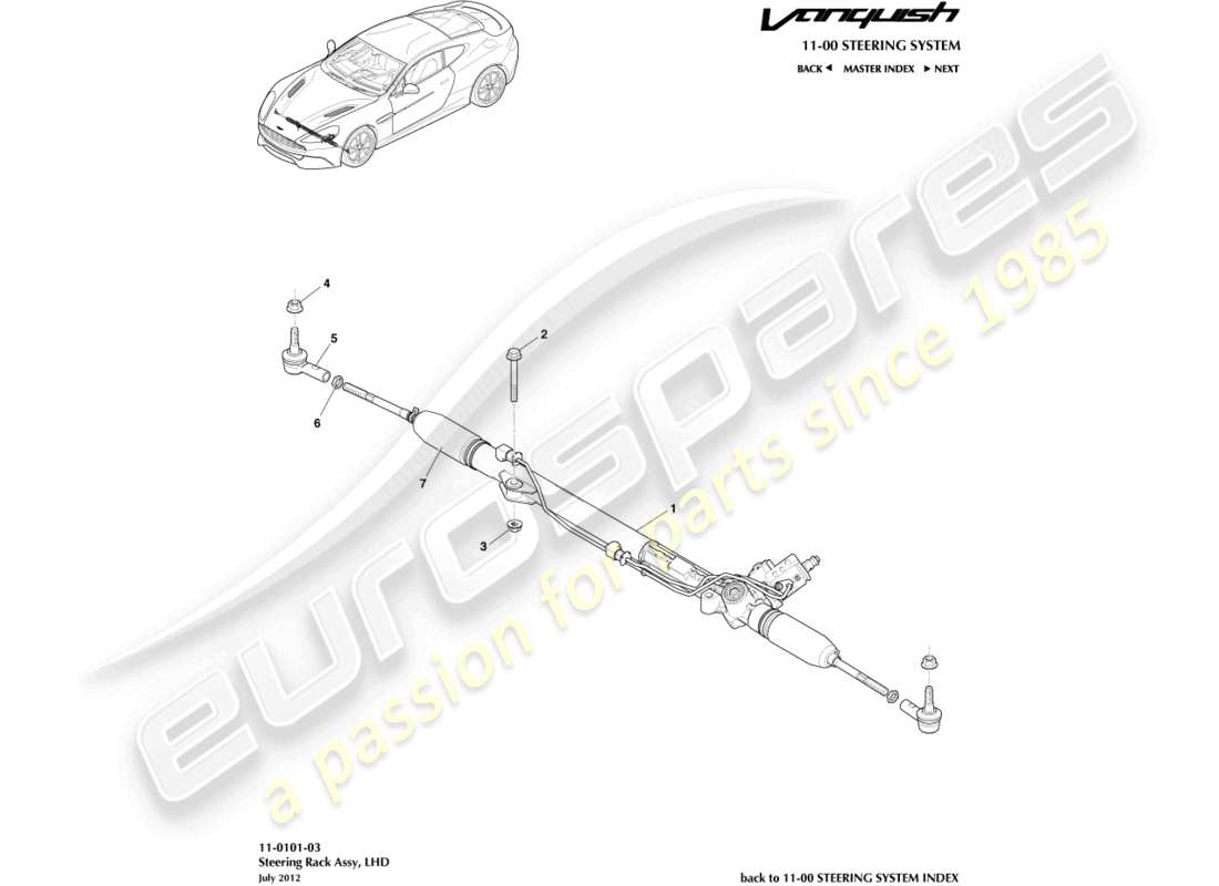 aston martin vanquish (2015) cremagliera dello sterzo, guida a sinistra diagramma delle parti