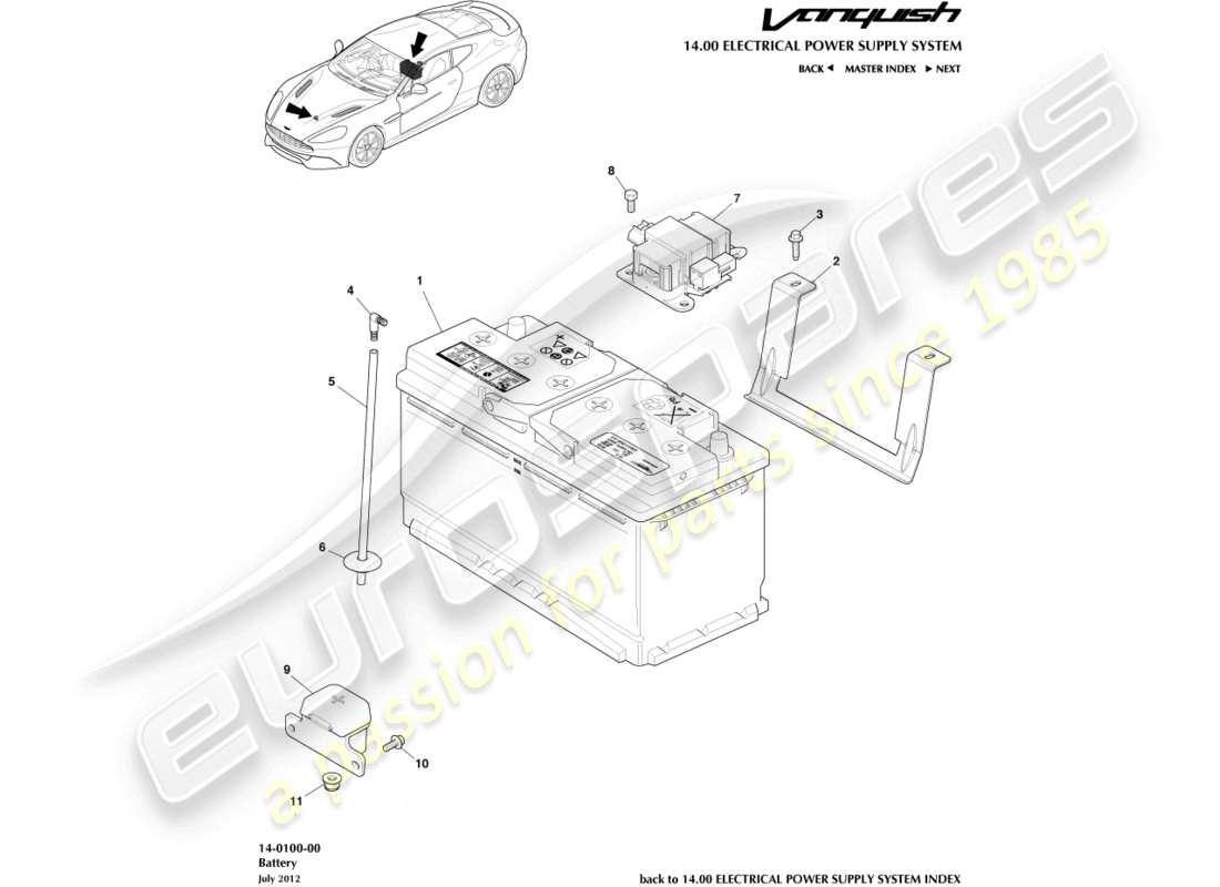 aston martin vanquish (2015) diagramma delle parti della batteria